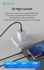 2i1 DEVIA USB-C till Lightning (12W) + USB-C (60W) Snabbladdning kabel, 1.2m