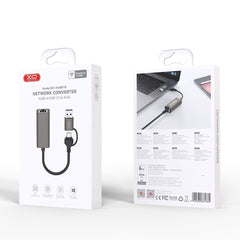 2-i-1 USB/USB-C till RJ45 Adapter XO HUB018 – 100 Mbps, Grå