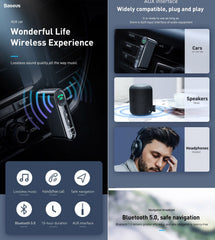 Baseus Bluetooth 5.0 AUX Ljudmottagare 3,5mm – Handsfree Bilsats Svart