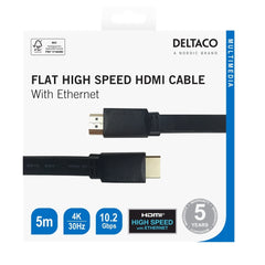 DELTACO Flat High Speed HDMI-kabel med Ethernet – 5m | 4K 30Hz | 10,2Gbps