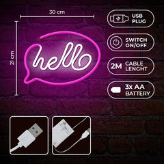 Neon LED Hello Batteri + USB Forever Light Rosa/vit