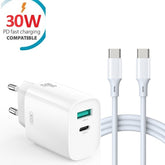 Snabbladdare 30W för iPhone / Samsung Dual Port USB-C med USB-C Kabel