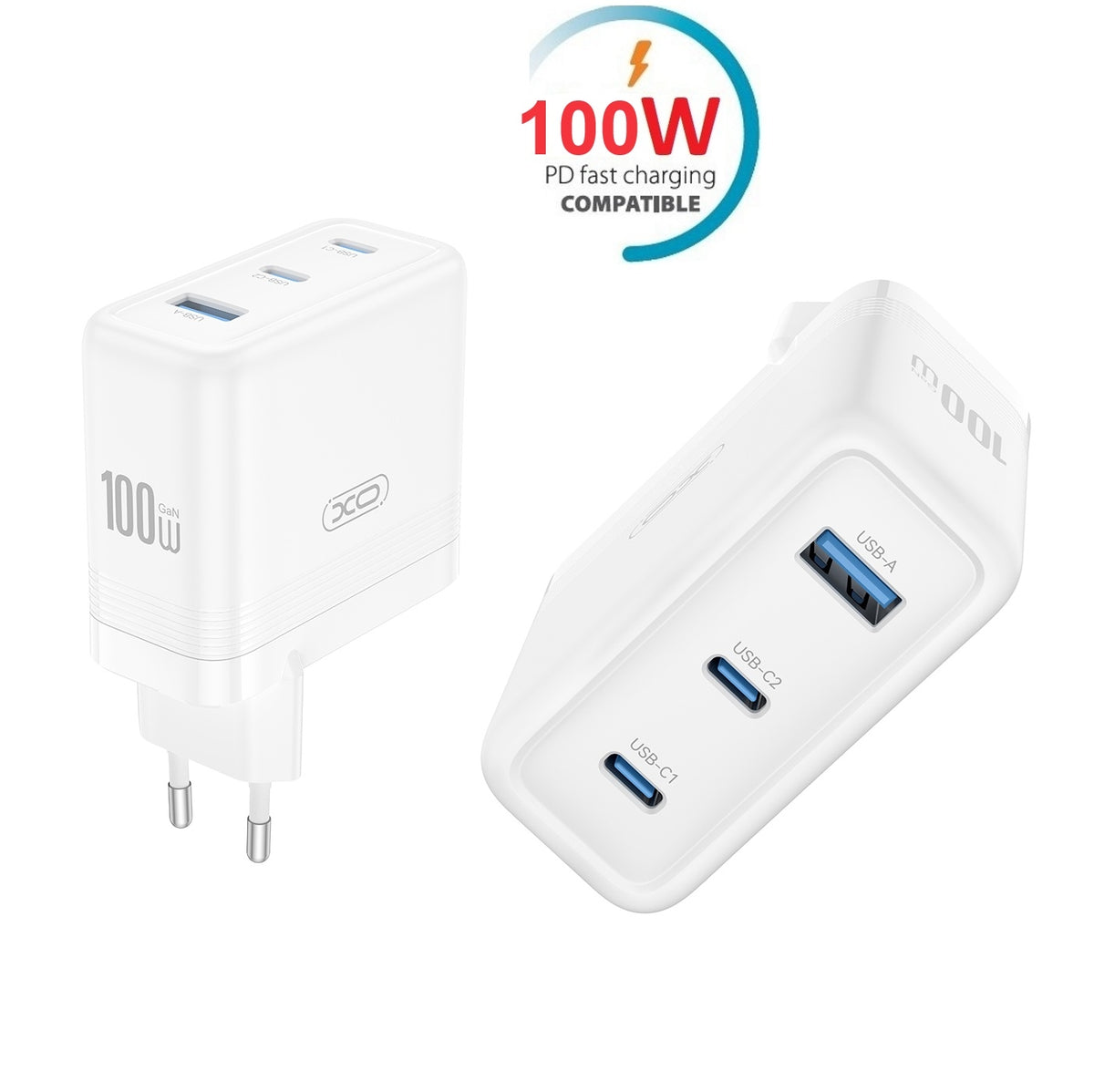 100W Snabbladdare PD 2XUSB-C / USB för Mobiltelefon, Surfplatta och Bärbardator