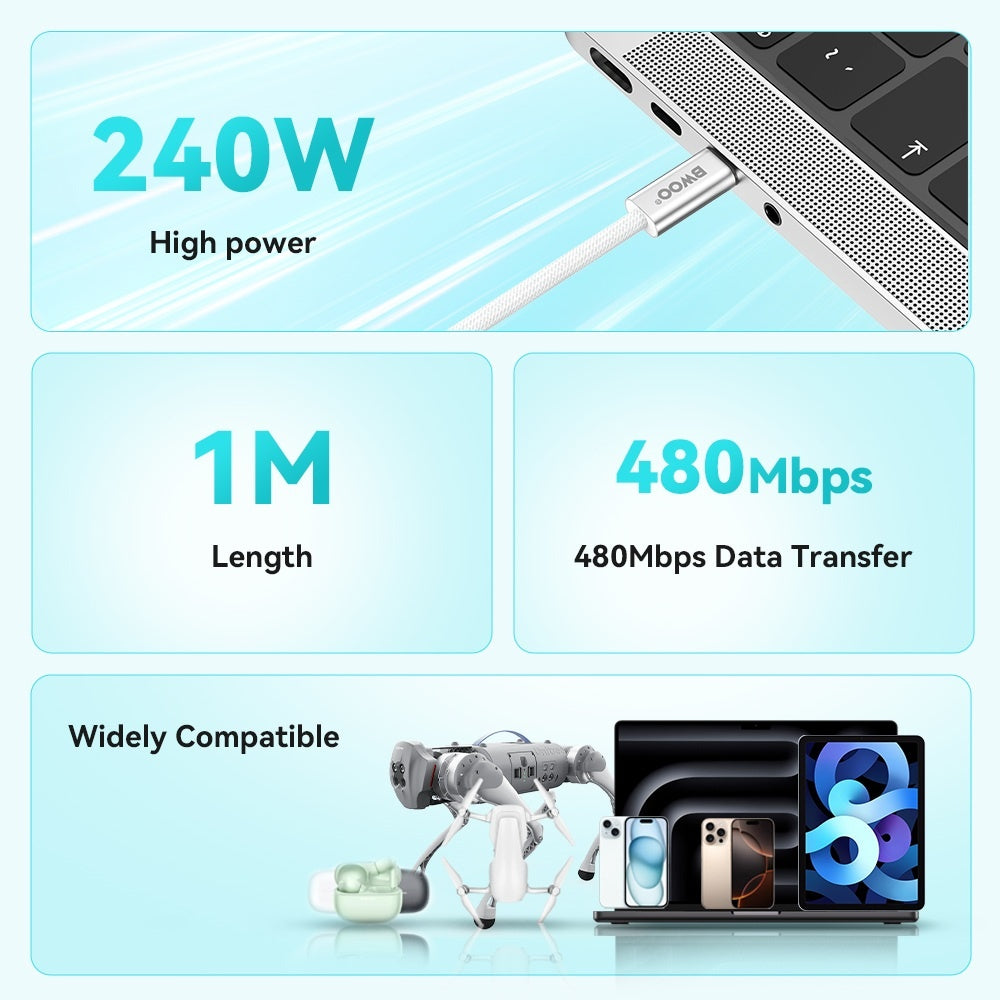 240W BWOO USB-C till USB-C-kabel för MacBook, Laptop, Surfplatta & Mobil – PD Snabbladdning 1m