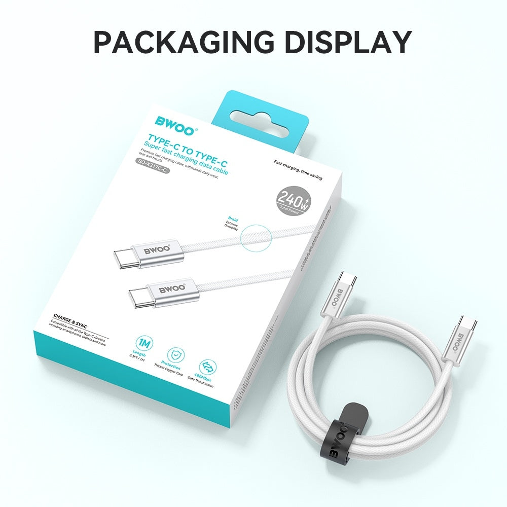 240W BWOO USB-C till USB-C-kabel för MacBook, Laptop, Surfplatta & Mobil – PD Snabbladdning 1m