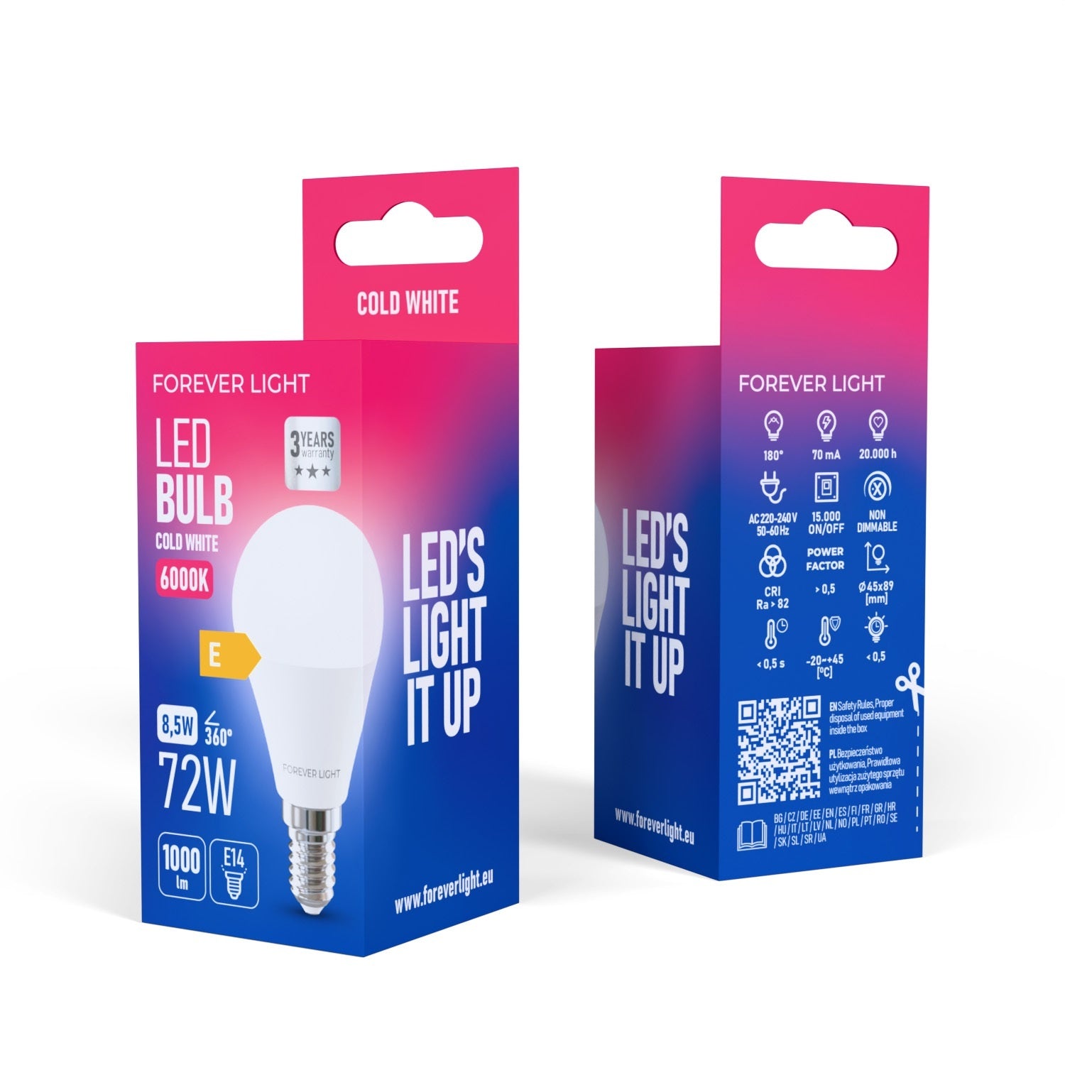 [2-PACK] Forever LED E14 G45 Glödlampa 8.5W 1000lm 6000K Kallvit 72W Ekvivalent