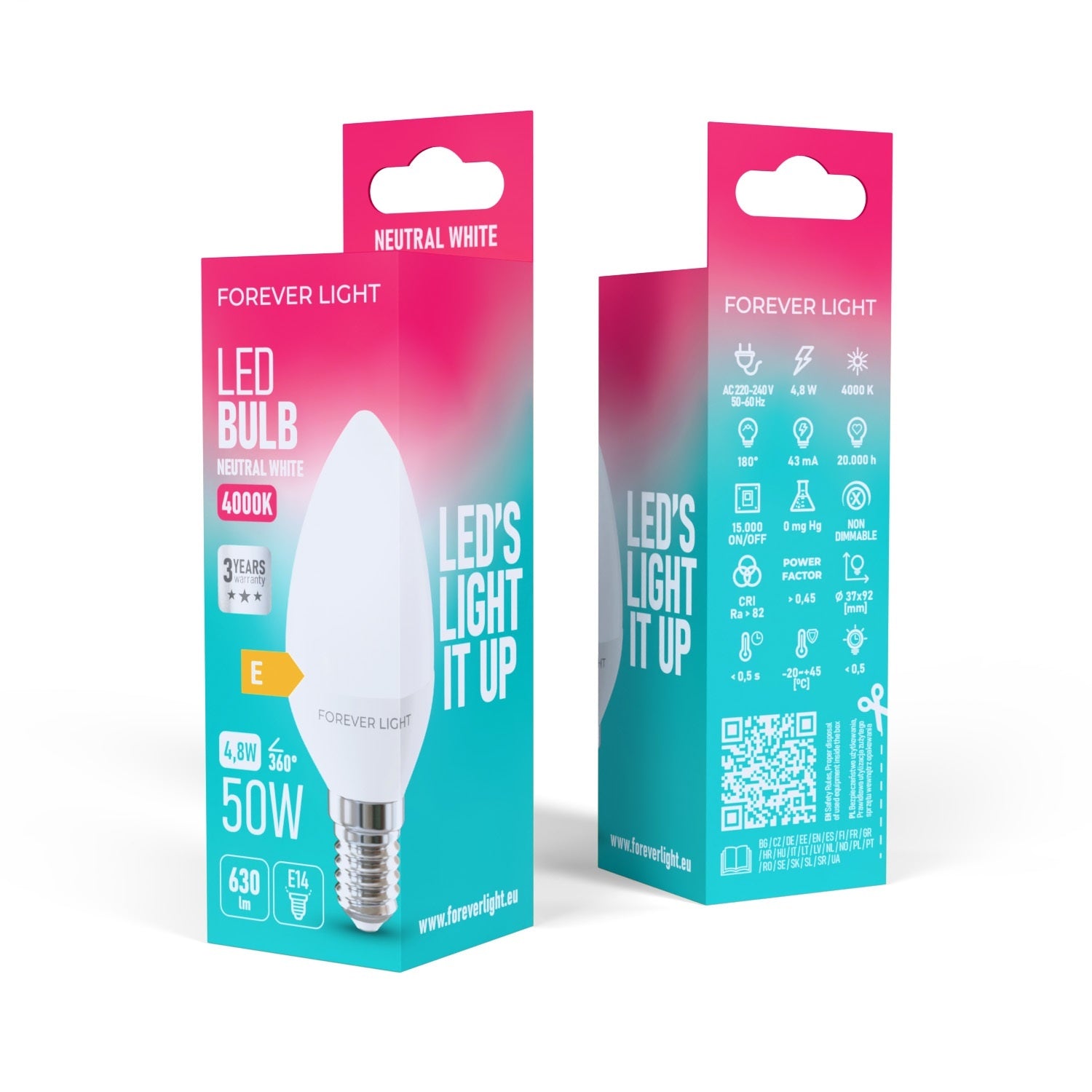 [2-PACK] Forever Light LED E14 C37 Glödlampa 4.8W 630lm 4000K Neutralvit 50W Ekvivalent