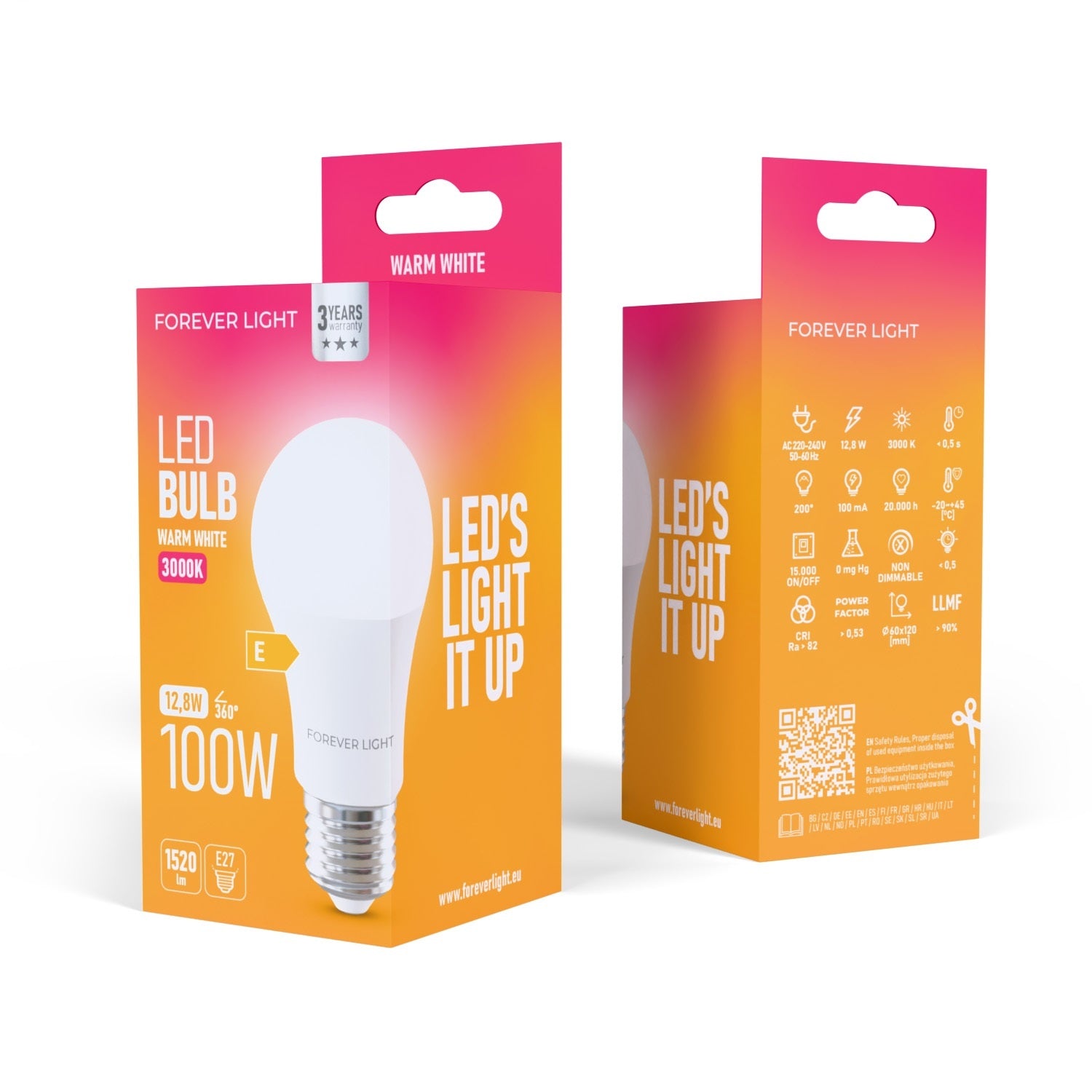 [2-PACK] Forever Light LED E27 A60 Glödlampa 12.8W 1520lm 3000K Varmvit 100W Ekvivalent