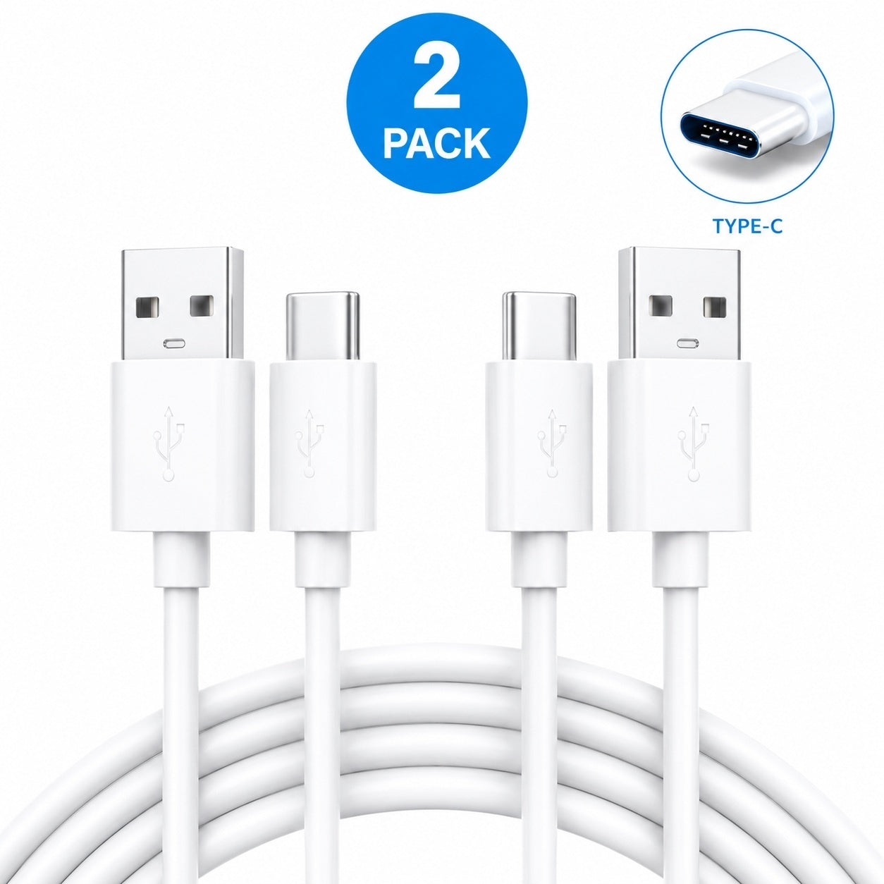 2-PACK USB-C Snabbladdning 2.1A kabel för Samsung, Android -1m