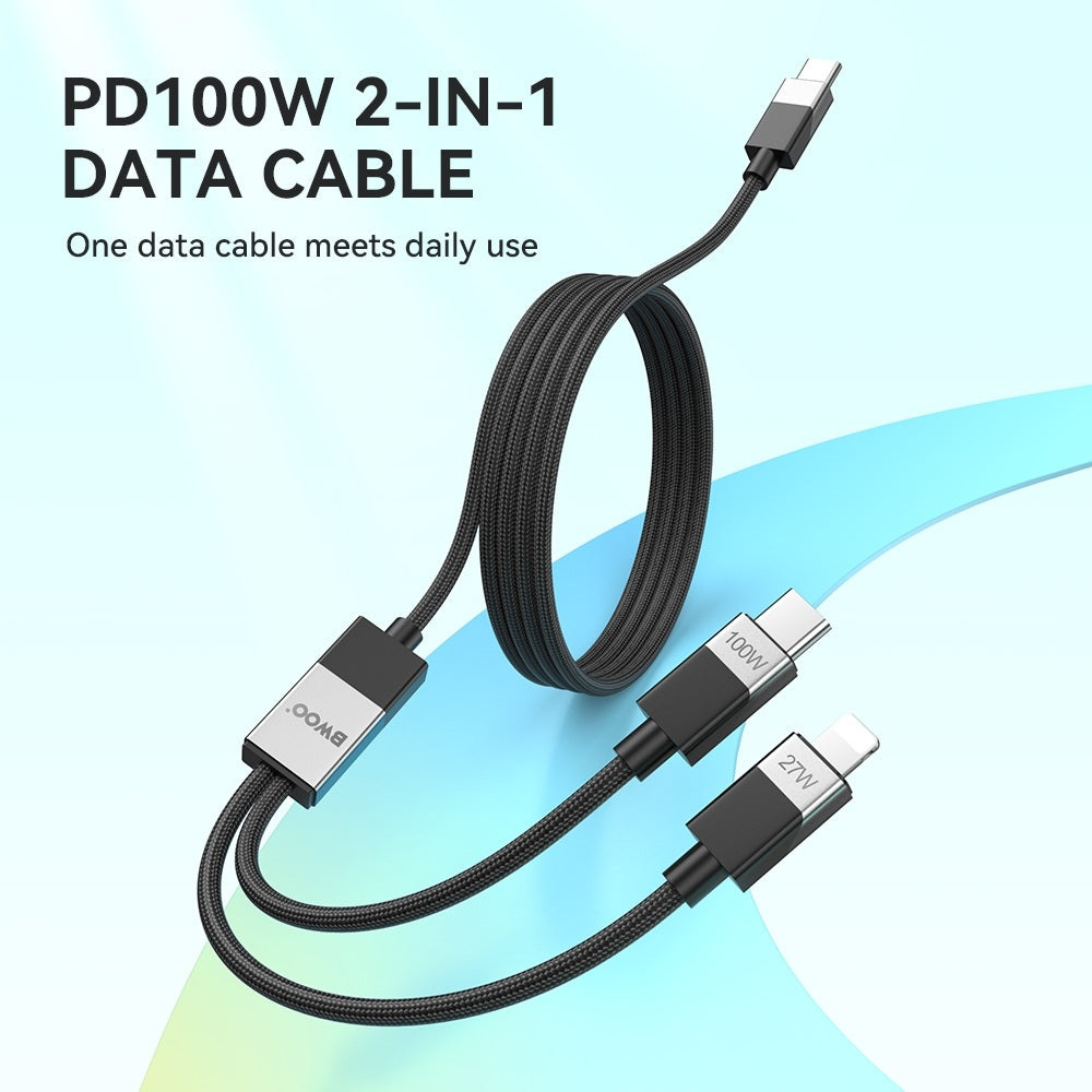 2-i-1 Snabbladdningskabel USB-C & Lightning 1m 100W/27W – För Mobil & Surfplatta