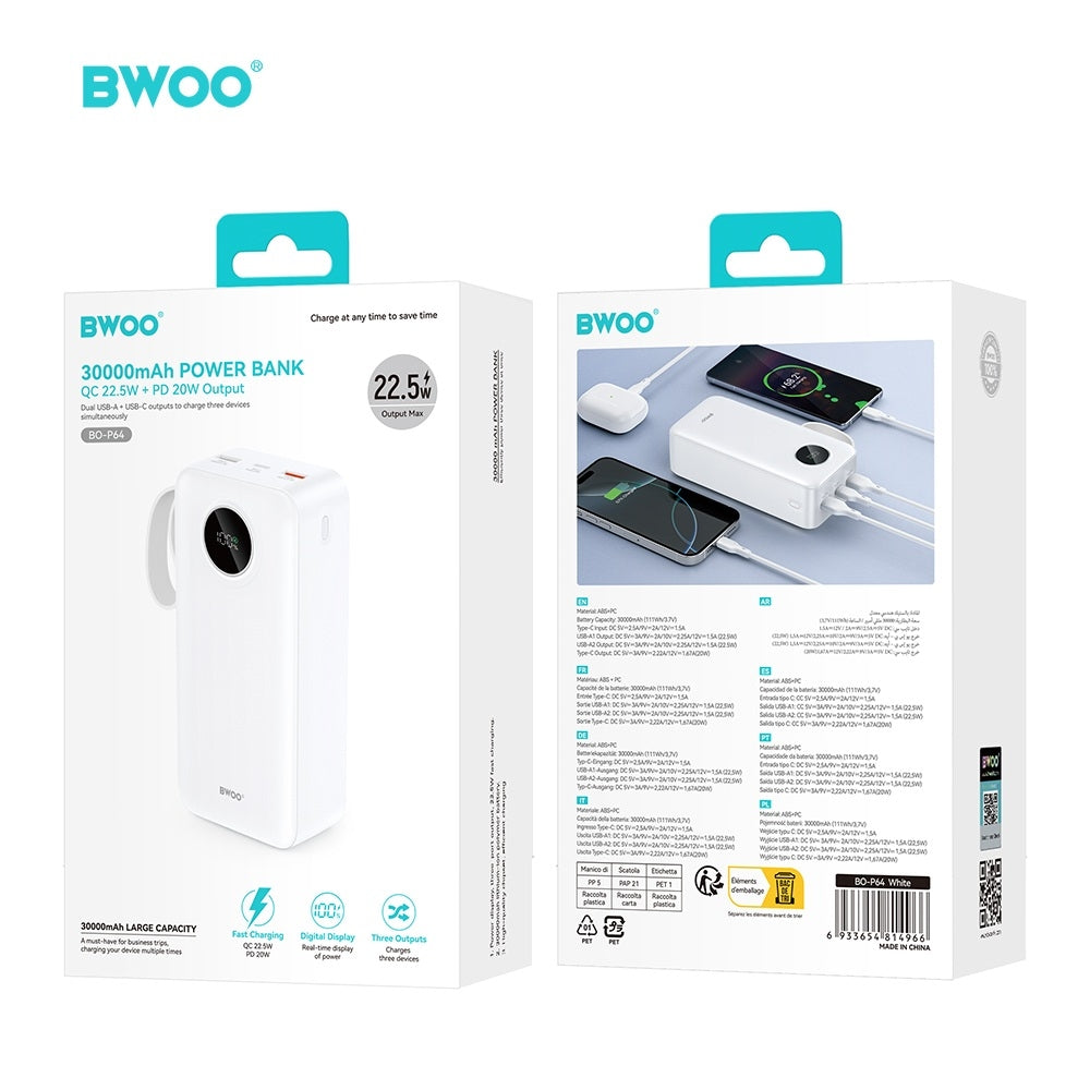 30000mAh Snabbladdning 22.5W Powerbank med LCD 2x USB-A & USB-C PD 20W