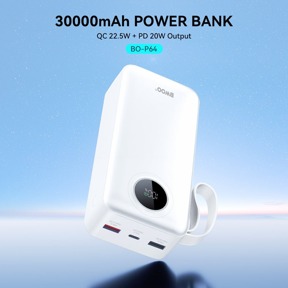 30000mAh Snabbladdning 22.5W Powerbank med LCD 2x USB-A & USB-C PD 20W
