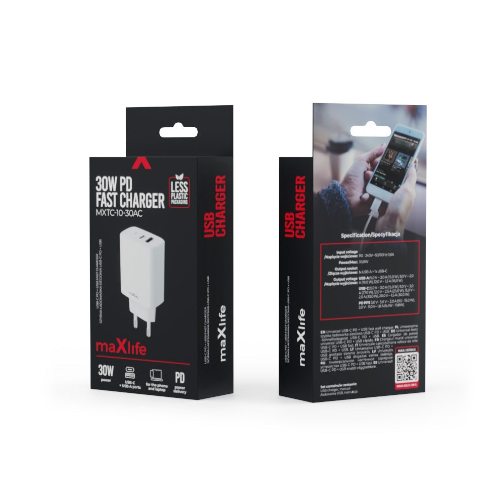 30W Snabbladdare för iPhone / Samsung PD, QC Dual Port USB-C