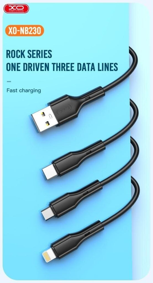 3i1 snabb USB till Lightning + USB-C + microUSB-kabel, 1,0m 2,4A