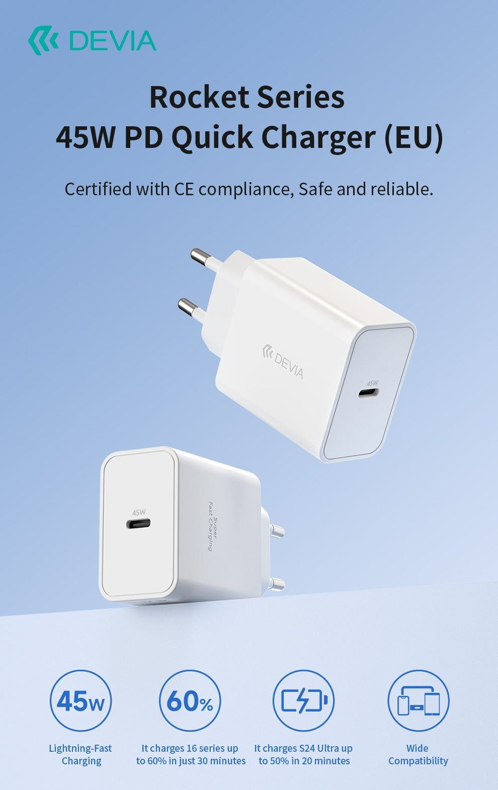 45W USB-C PD snabbladdare för mobiltelefoner och surfplattor - Vit