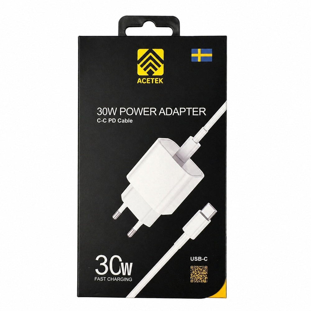 Acetek 30W USB-C Snabbladdare + Kabel – PD 3.0 Väggladdare för iPhone, Samsung m.fl.