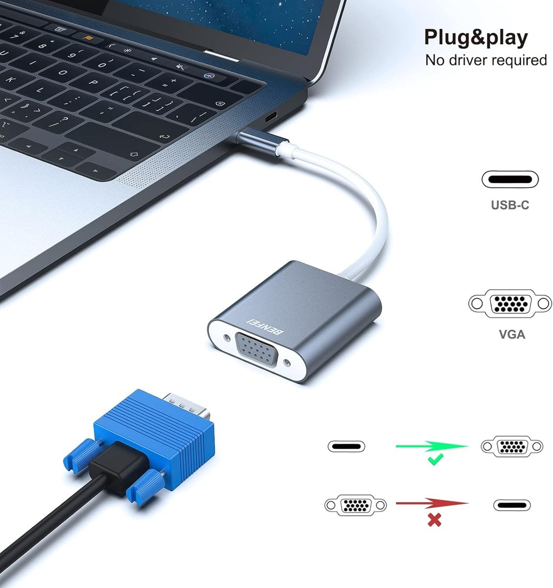 BENFEI USB-C till VGA-adapter Full HD 1080P för laptop, MacBook, skärm & projektor – grå