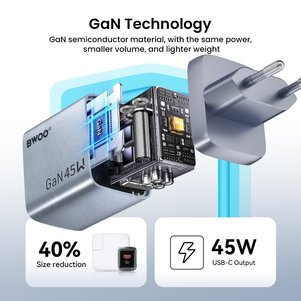 BWOO GaN 45W Snabbladdare USB-C PD & USB-A QC 3.0 PPS Väggladdare