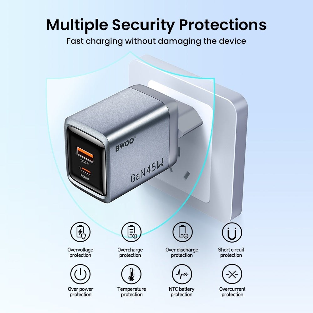 BWOO GaN 45W Snabbladdare USB-C PD & USB-A QC 3.0 PPS Väggladdare