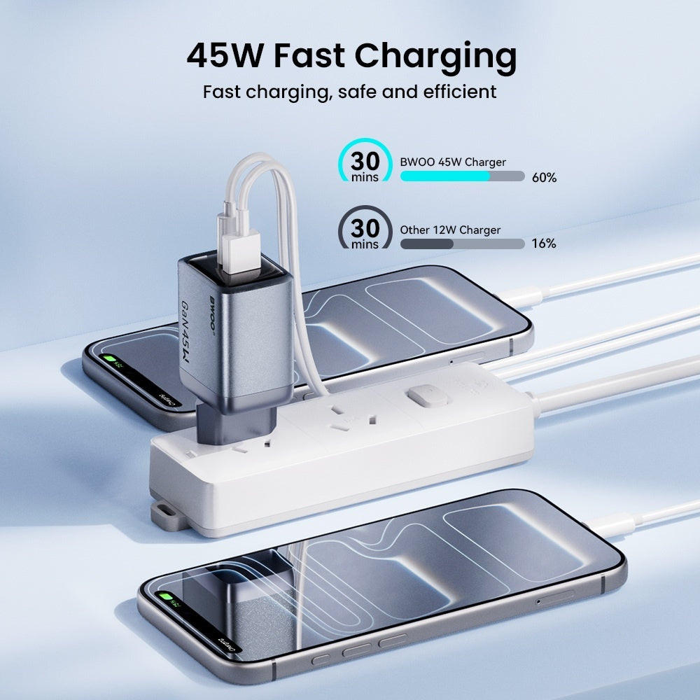 BWOO GaN 45W Snabbladdare USB-C PD & USB-A QC 3.0 PPS Väggladdare