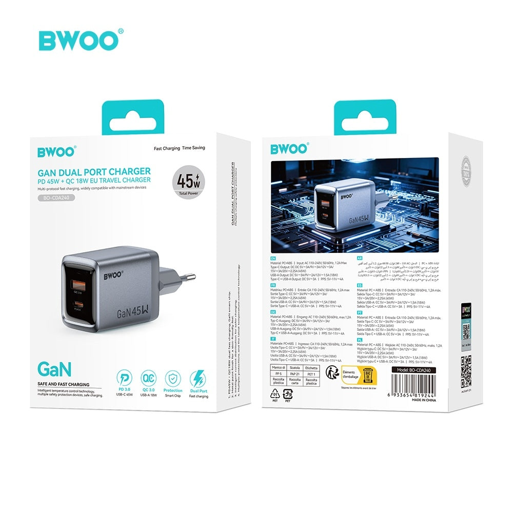 BWOO GaN 45W Snabbladdare USB-C PD & USB-A QC 3.0 PPS Väggladdare