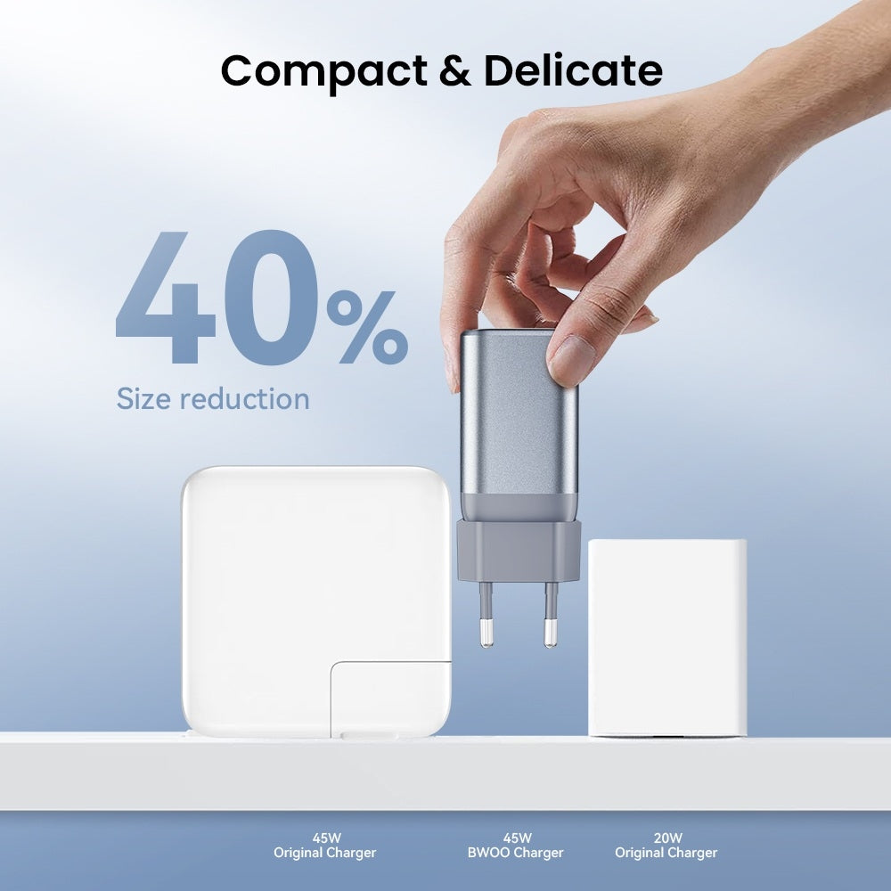 BWOO GaN 45W Snabbladdare USB-C PD & USB-A QC 3.0 PPS Väggladdare