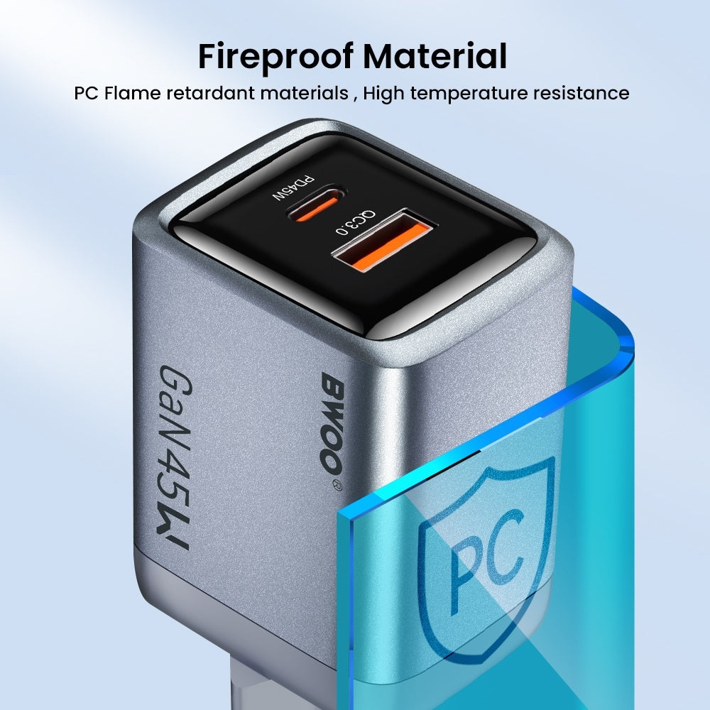 BWOO GaN 45W Snabbladdare USB-C PD & USB-A QC 3.0 PPS Väggladdare