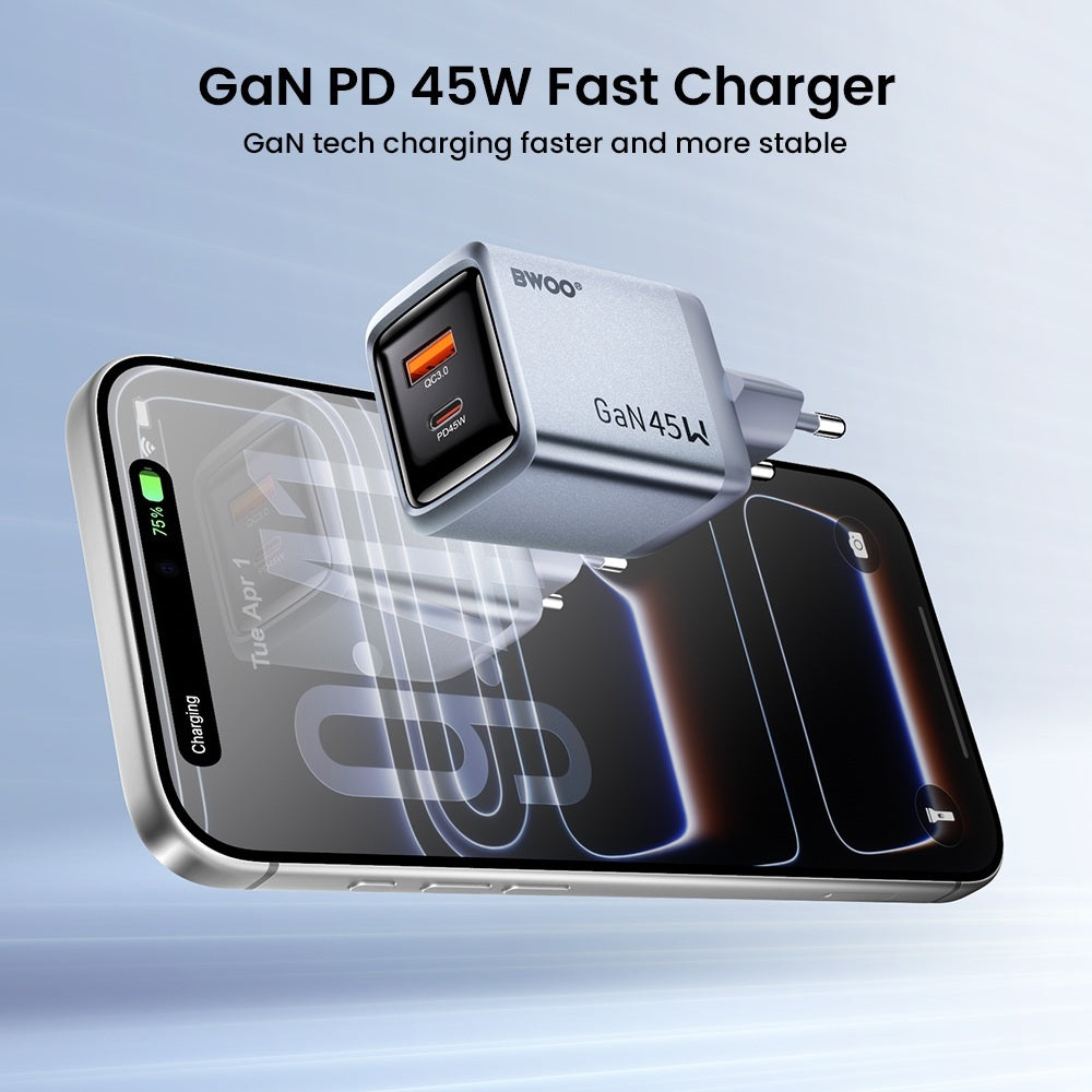 BWOO GaN 45W Snabbladdare USB-C PD & USB-A QC 3.0 PPS Väggladdare
