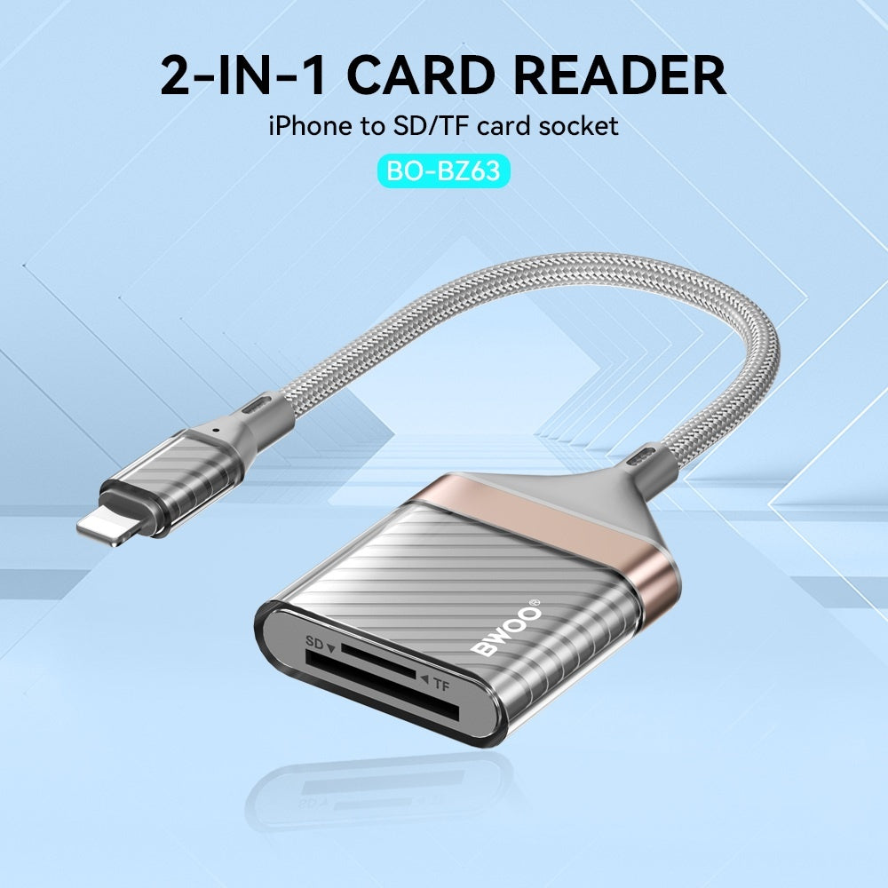 BWOO Lightning till SD/TF Kortläsare 2-i-1 – 480Mbps, Dual Slot, iPhone/iPad, 20cm