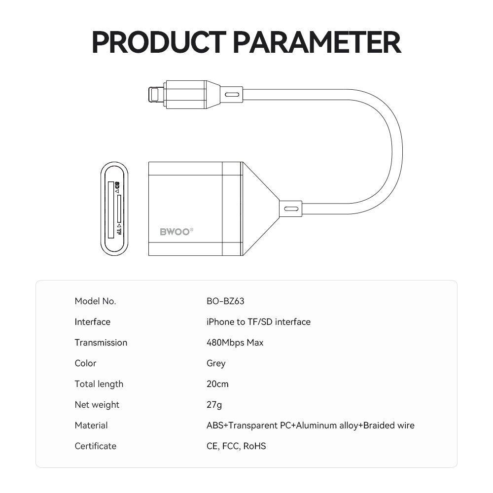 BWOO Lightning till SD/TF Kortläsare 2-i-1 – 480Mbps, Dual Slot, iPhone/iPad, 20cm