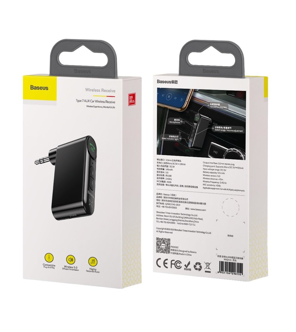 Baseus Bluetooth 5.0 AUX Ljudmottagare 3,5mm – Handsfree Bilsats Svart