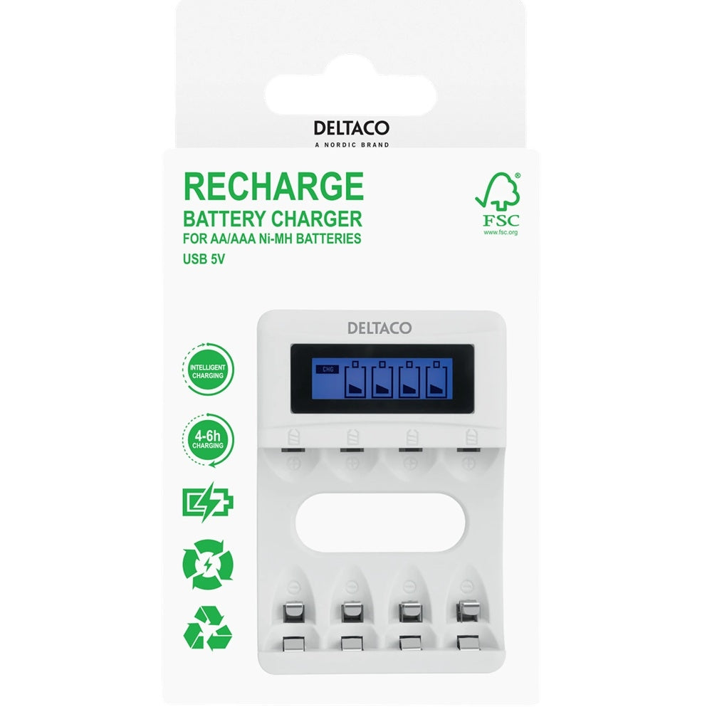DELTACO Batteriladdare AA/AAA – NiMH Laddare med Display (4 Platser)
