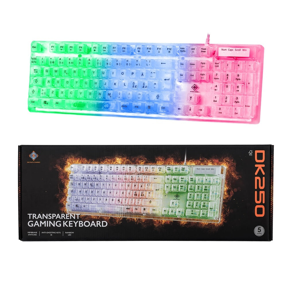 DELTACO Gaming Tangentbord Rainbow LED Transparent Design Nordisk Layout Membranbrytare