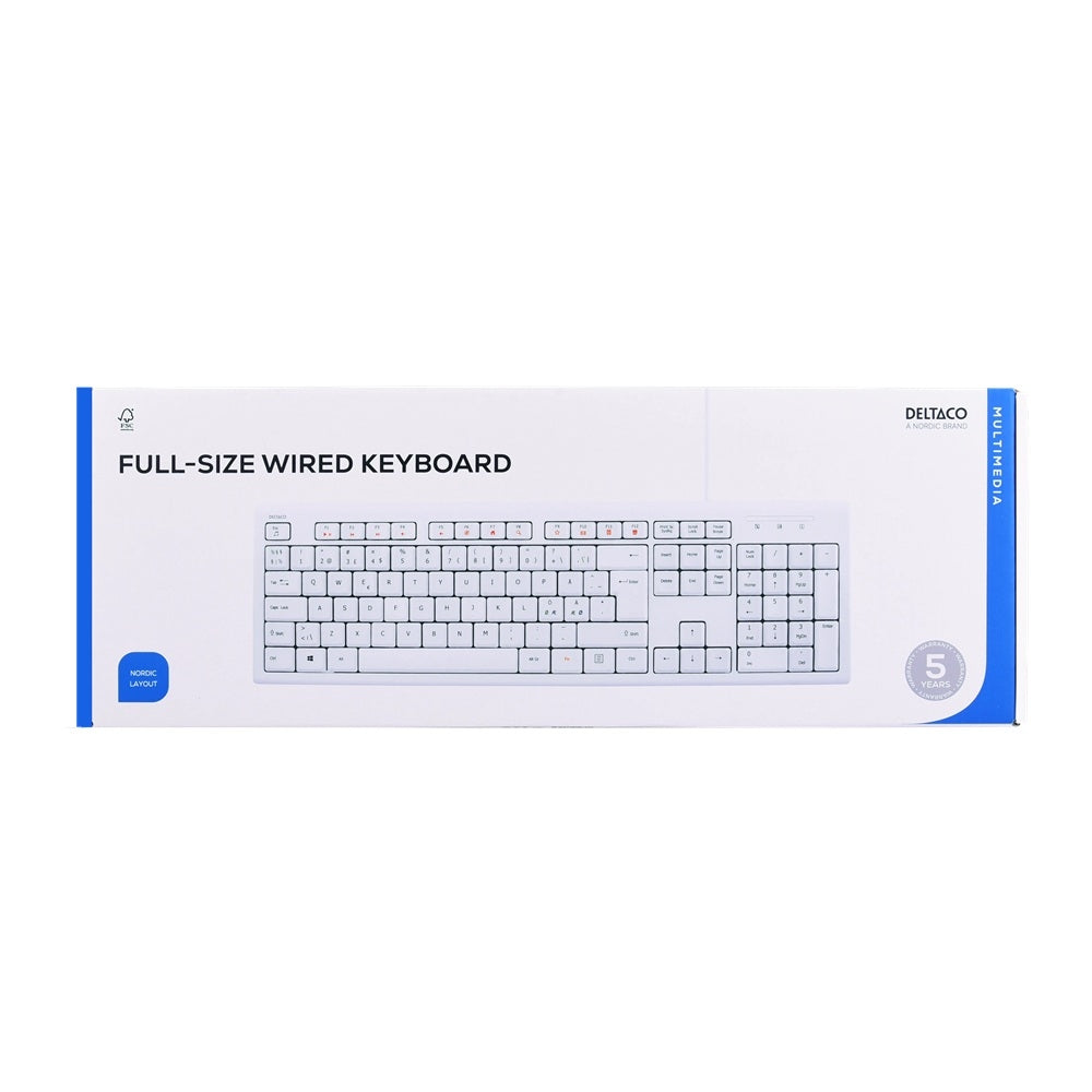 DELTACO Trådbundet Slim Tangentbord USB – 105 Tangenter, Nordisk Layout, 13 Medieknappar, Vit