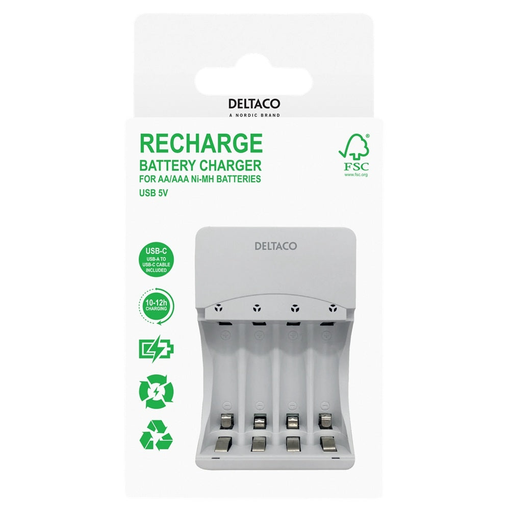 DELTACO USB Batteriladdare AA/AAA – NiMH Laddare med USB-C (4 Platser)