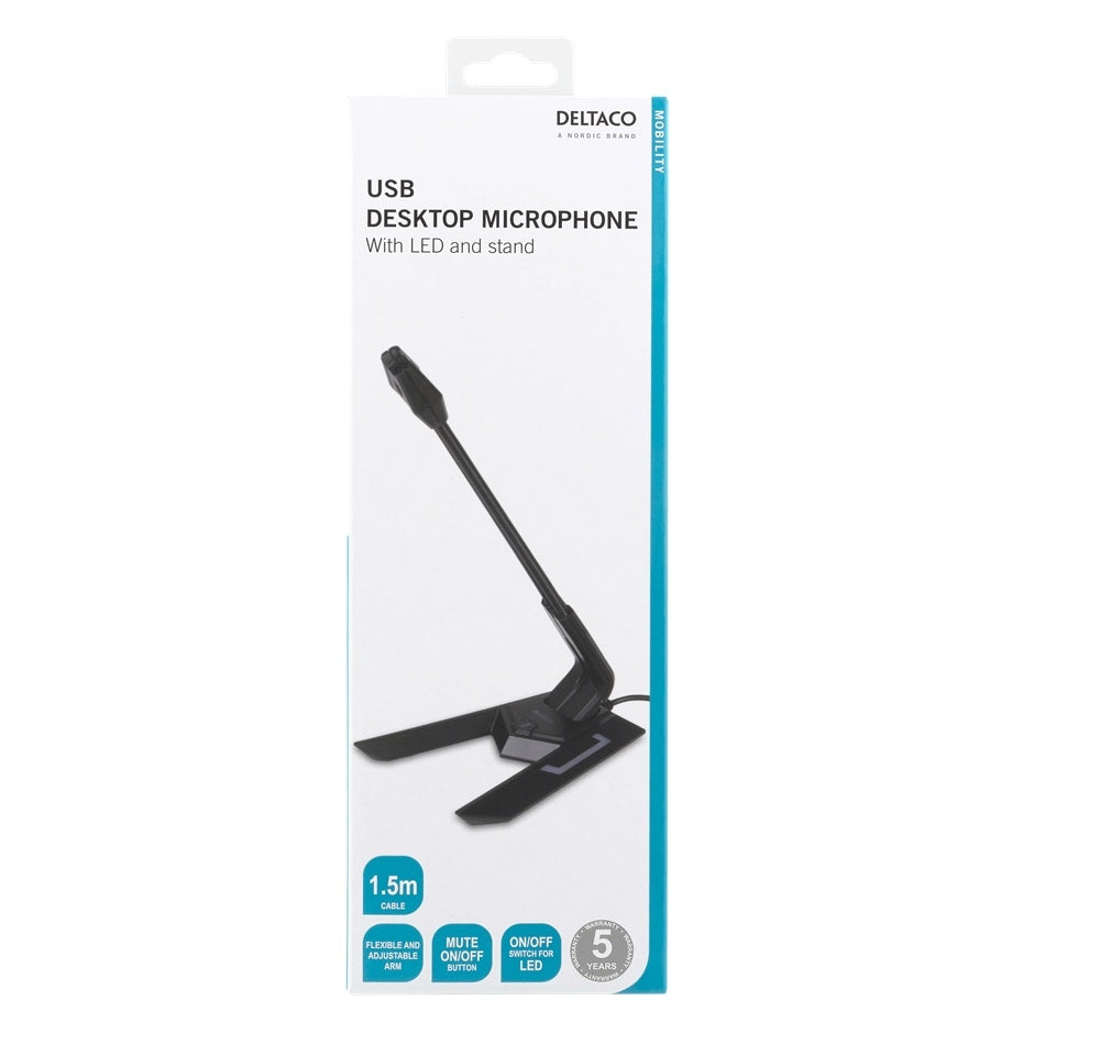 Deltaco USB Desktop Mikrofon – 100Hz–1kHz – -21dB – Justerbar – Plug & Play
