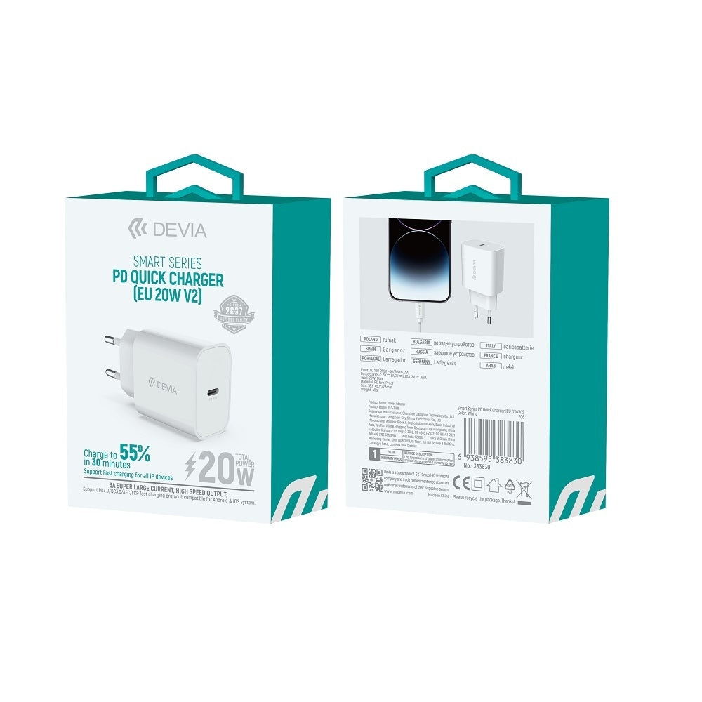 Devia 20W USB-C PD Snabbladdare Väggladdare för iPhone & Samsung