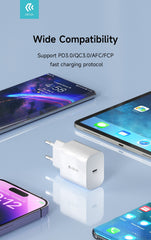 Devia 20W USB-C PD Snabbladdare Väggladdare för iPhone & Samsung