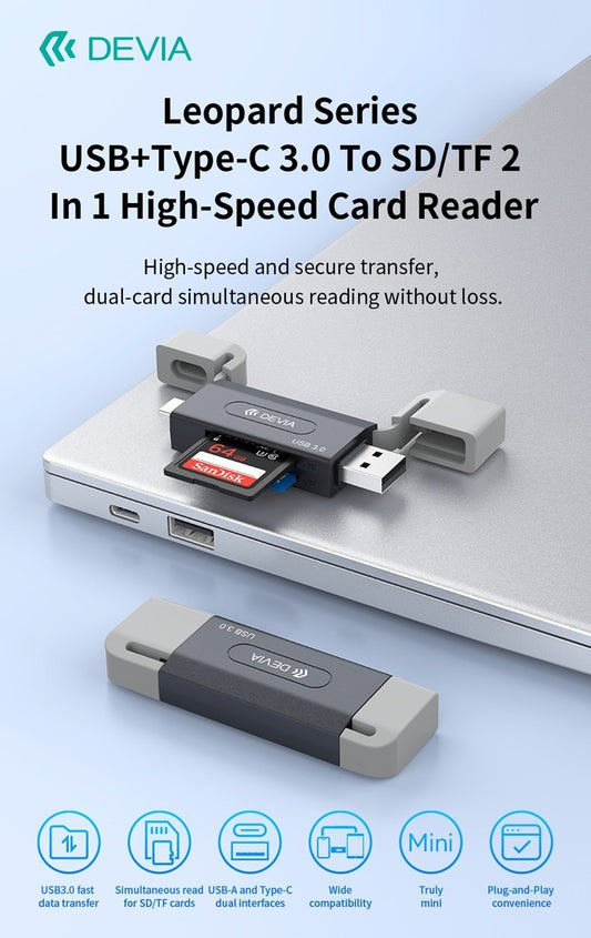 Devia Leopard Series USB+Type-C 3.0 till SD/TF 2-i-1 Höghastighets Kortläsare card reader