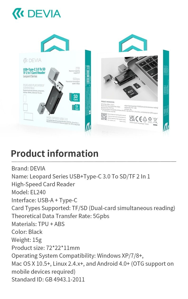 Devia Leopard Series USB+Type-C 3.0 till SD/TF 2-i-1 Höghastighets Kortläsare card reader