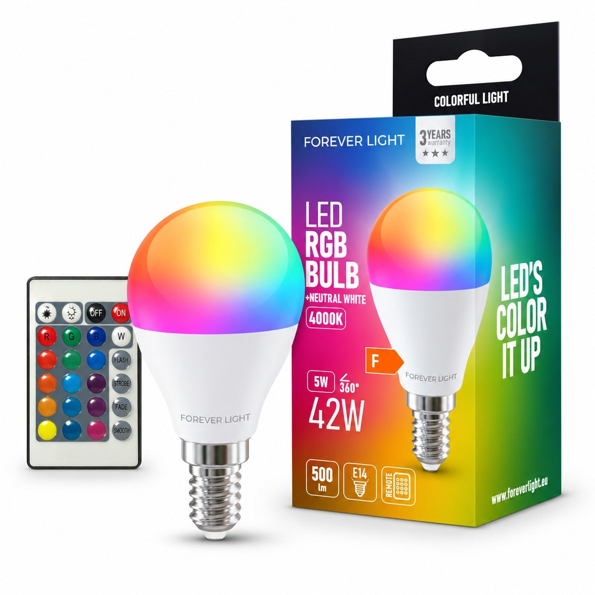 FOREVER RGB LED E14 Glödlampa 5W Ekvivalent 42W 500lm 4000k med Fjärrkontroll