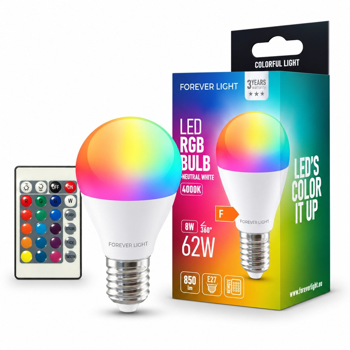 FOREVER RGB LED E27 Glödlampa 8W Ekvivalent 62W 850lm 4000k med Fjärrkontroll