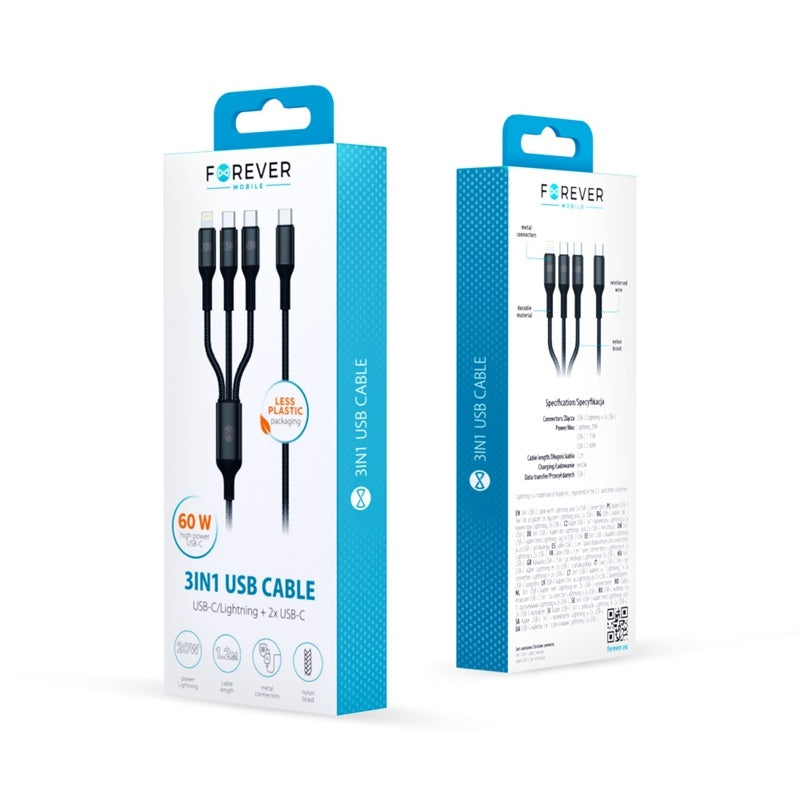 Forever 3-i-1 Kabel USB-C till Lightning + 2x USB-C 1,2 m 60W – Snabbladdning, Svart