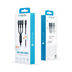 Forever 3-i-1 Kabel USB-C till Lightning + 2x USB-C 1,2 m 60W – Snabbladdning, Svart