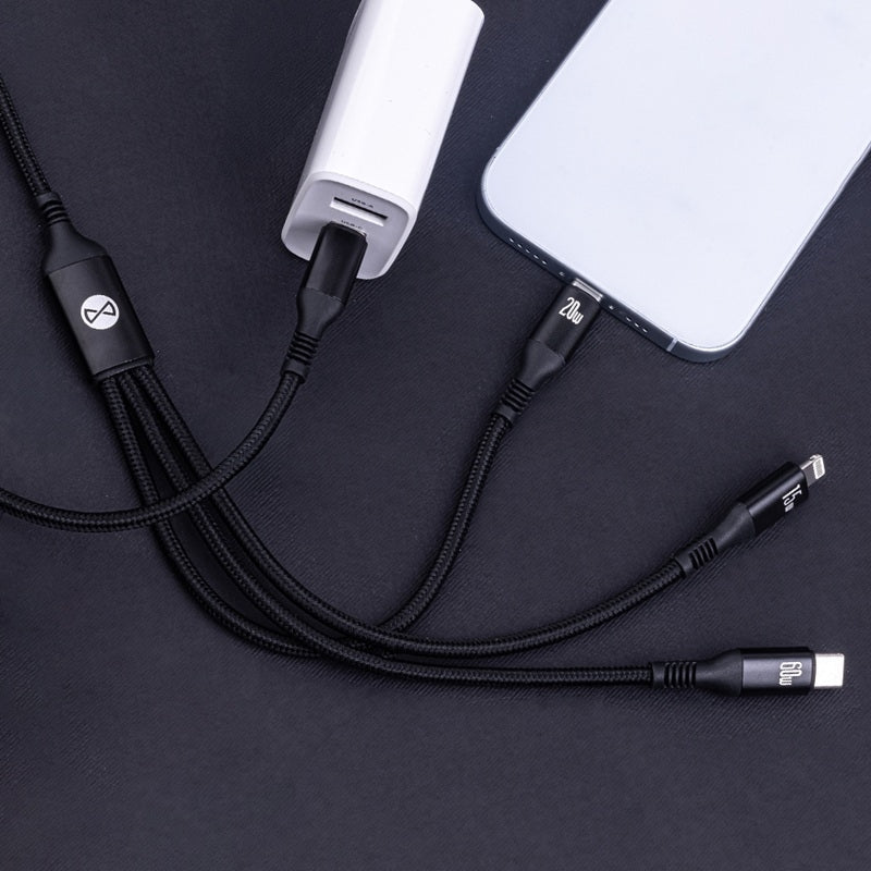 Forever 3-i-1 Kabel USB-C till Lightning + 2x USB-C 1,2 m 60W – Snabbladdning, Svart