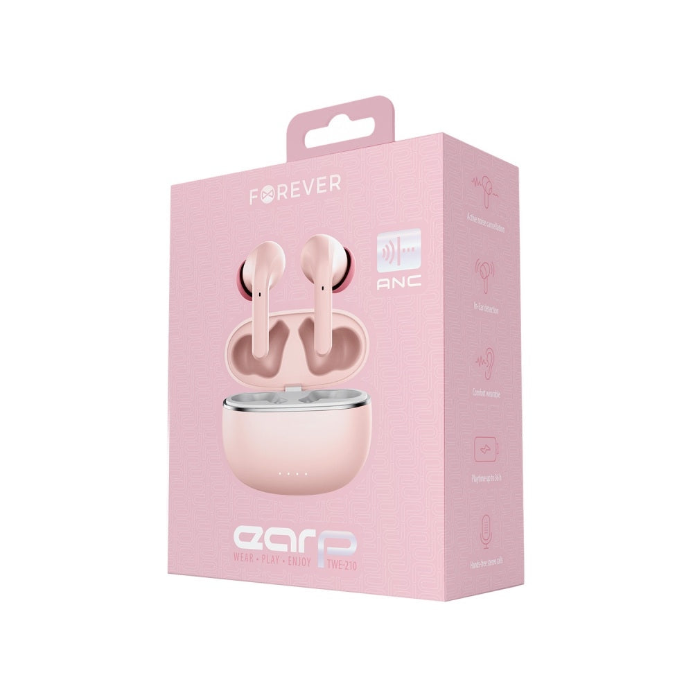 Forever TWE-210 Bluetooth 5.3 Hörlurar – ANC, TWS, 36h Speltid, USB-C, Rosa