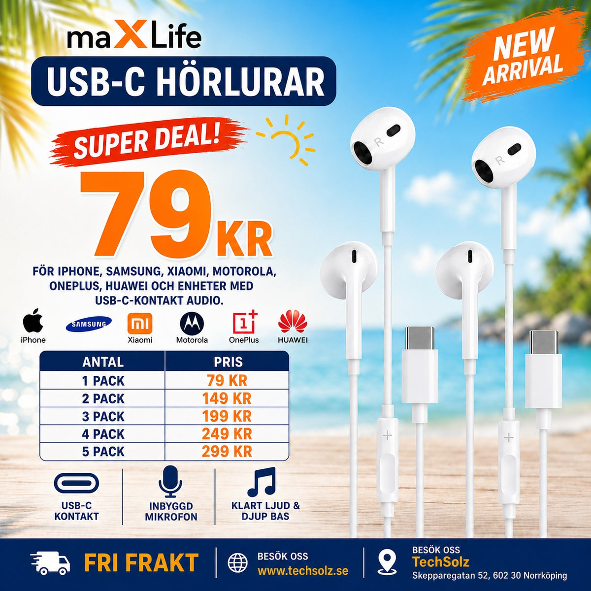 maXlife USB-C In-Ear Hörlurar med Mikrofon för iPhone 15/16/17, Samsung, Xiaomi, Motorola & Alla USB-C Enheter