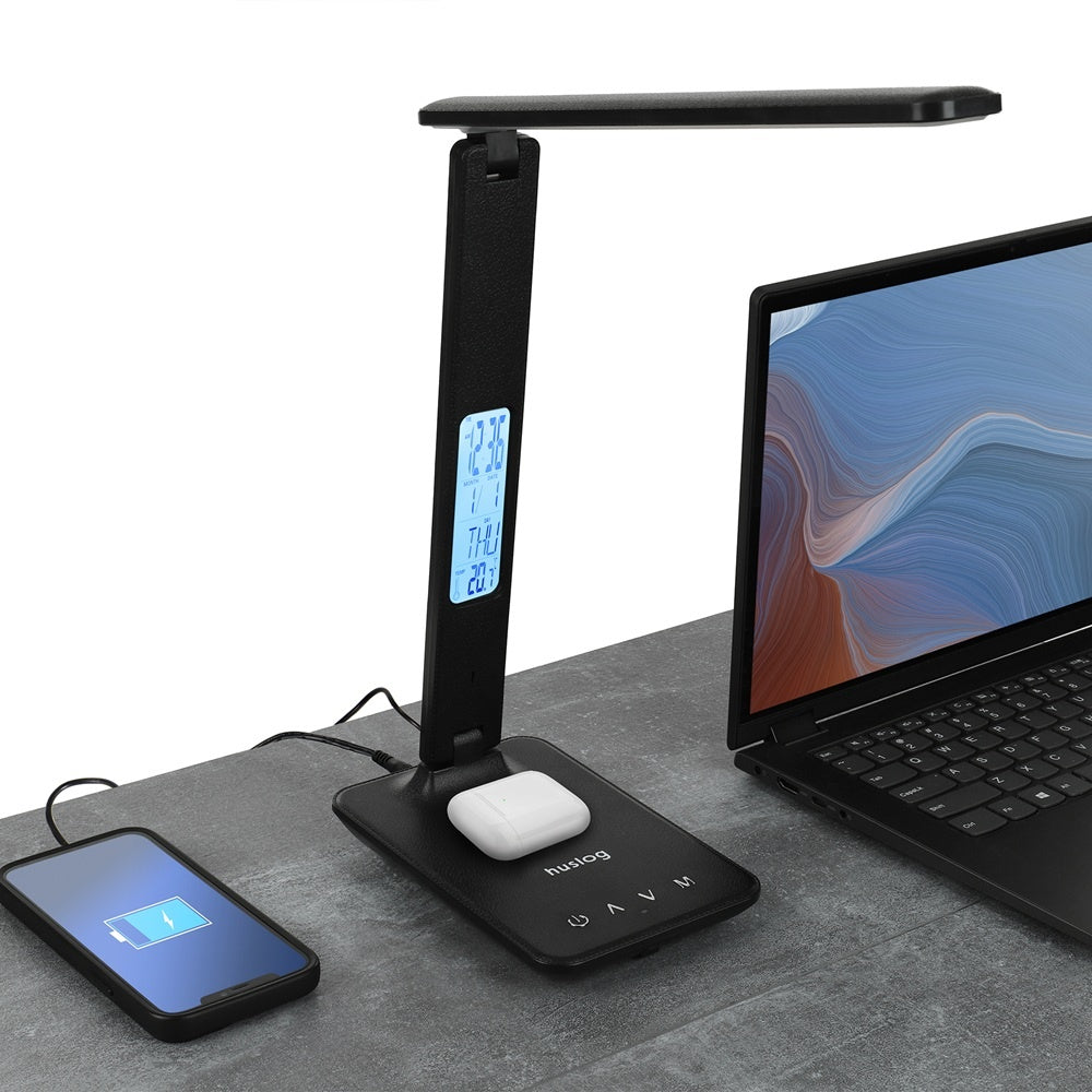 Huslog multifunktionell Lampa med klocka / Trådlös Laddare till Apple Samsung