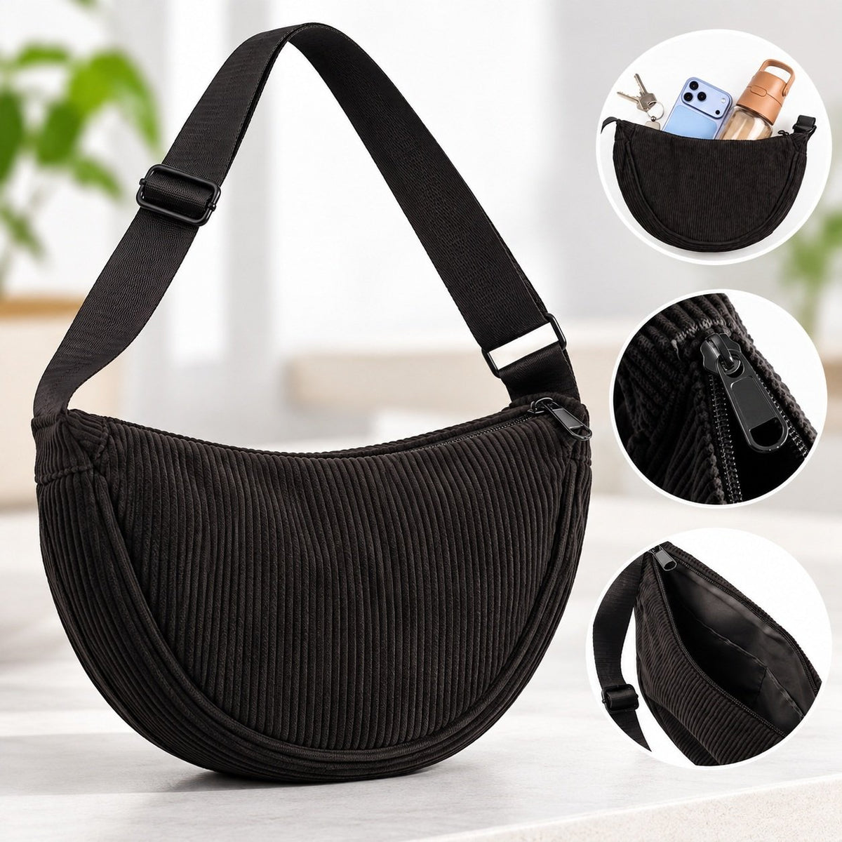 Moon Bag Axelväska i Manchester – Halvmåneformad Crossbody, Justerbar Rem -Svart