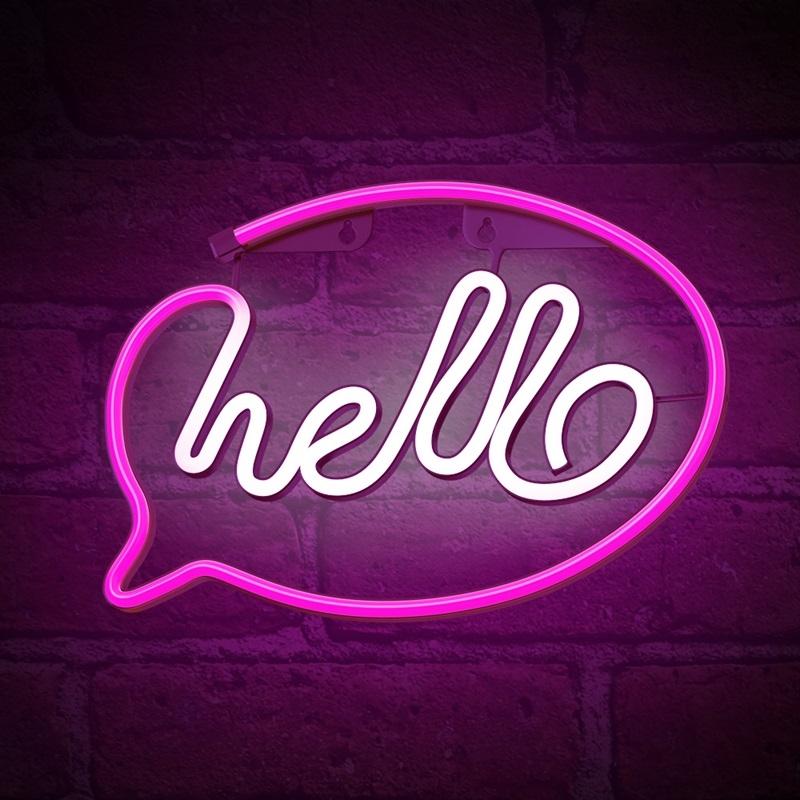 Neon LED Hello Batteri + USB Forever Light Rosa/vit